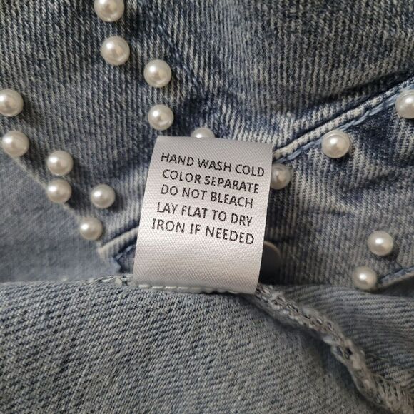 BiBi Jacket Womens Large Blue Denim Trucker Pearls Distressed Button Down NEW - Picture 6 of 7